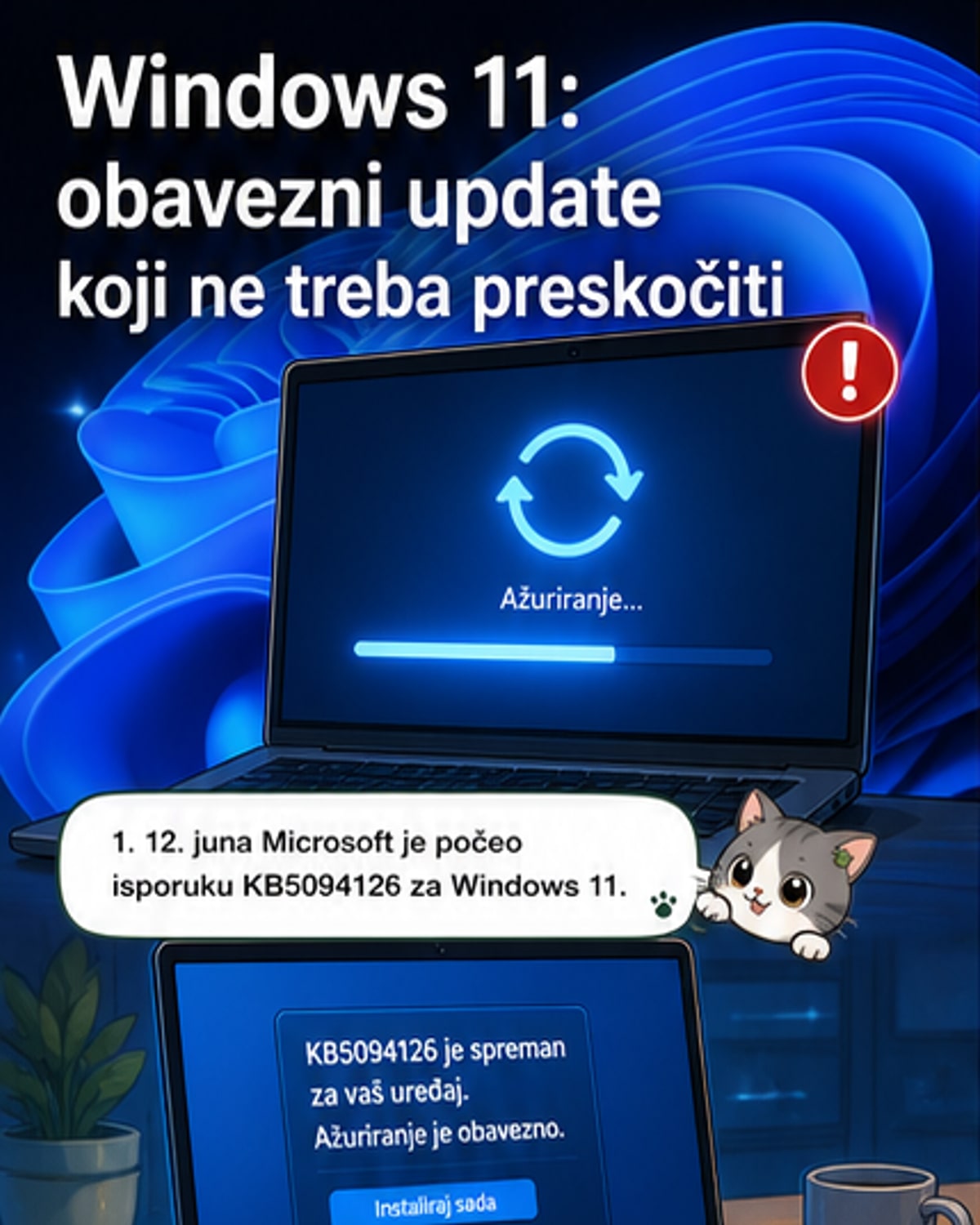 Илустровани Windows 11 логотип са ажурирањем које се инсталира, док се на страни приказују нове функције: ниска латенција, вишеапликативна камера и Bluetooth делјење звука.