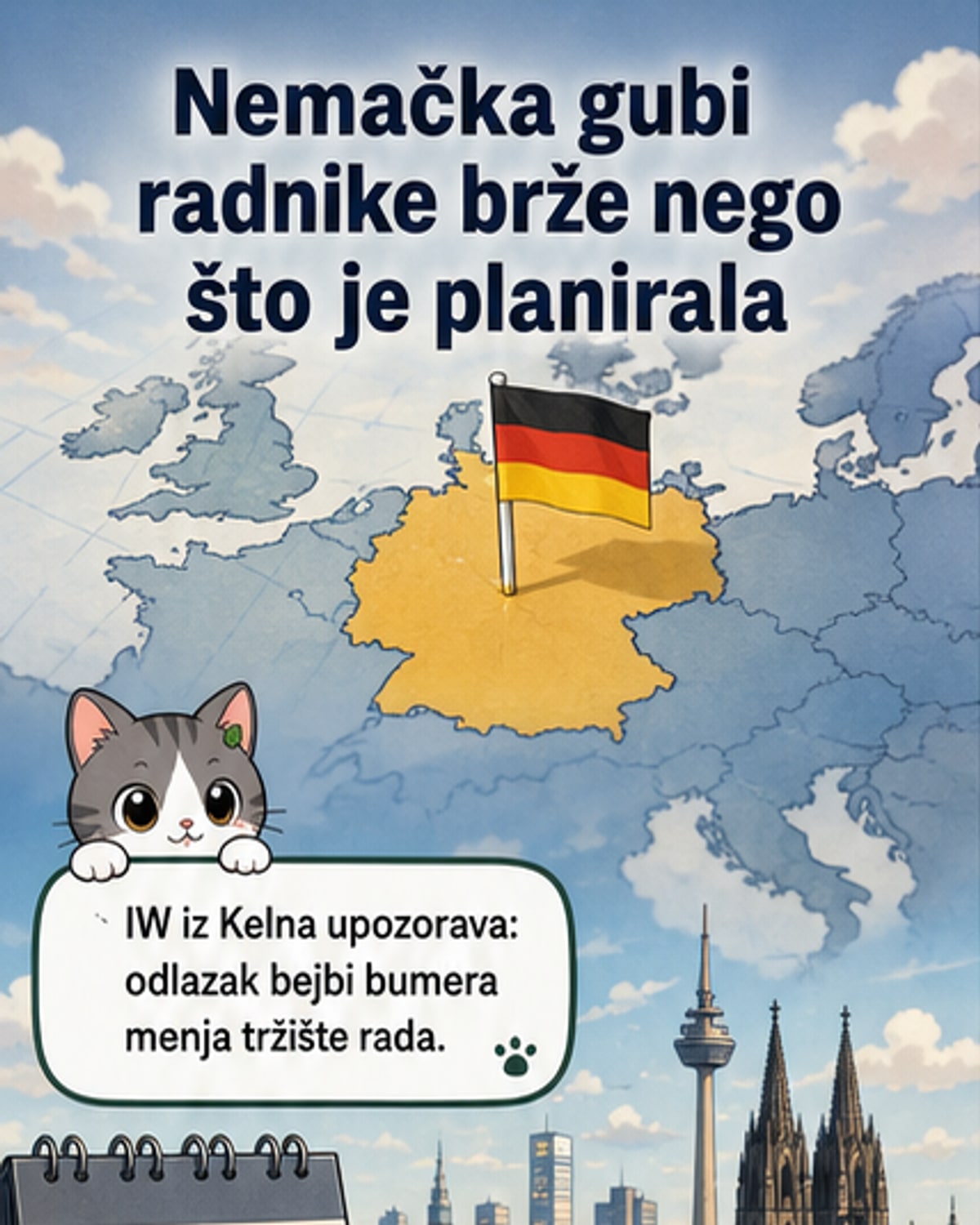 Илустрација старијег Немца у радном оделу како одлази са пословног места, док се у позадини види графикон падајуће радне снаге.