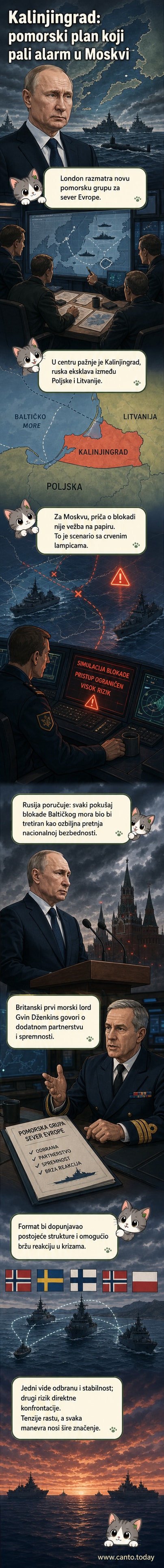 Илустровани приказ Балтичког региона са означеним Калињинградом и поморском путањом британско-северноевропске групације, са симболима војних бродова и картицом сценарија блокаде.
