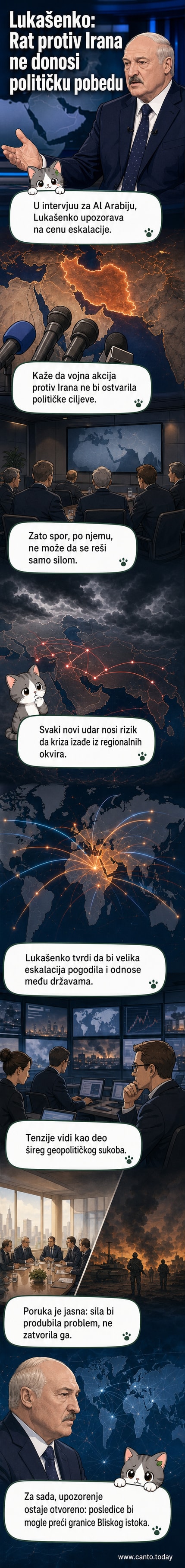 Ilustracija predsednika Belorusije Aleksandra Lukašenka sa mapom Bliskog istoka u pozadini, dok upozorava na posledice vojne akcije protiv Irana.