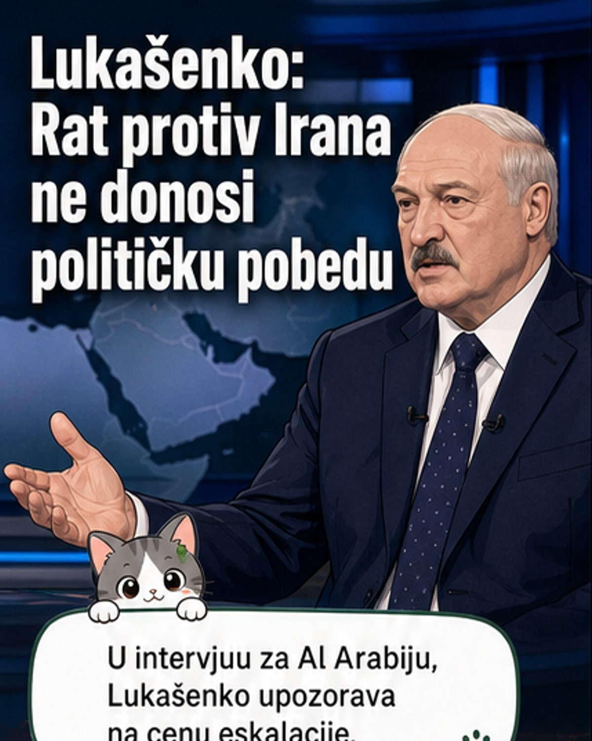 Ilustracija predsednika Belorusije Aleksandra Lukašenka sa mapom Bliskog istoka u pozadini, dok upozorava na posledice vojne akcije protiv Irana.