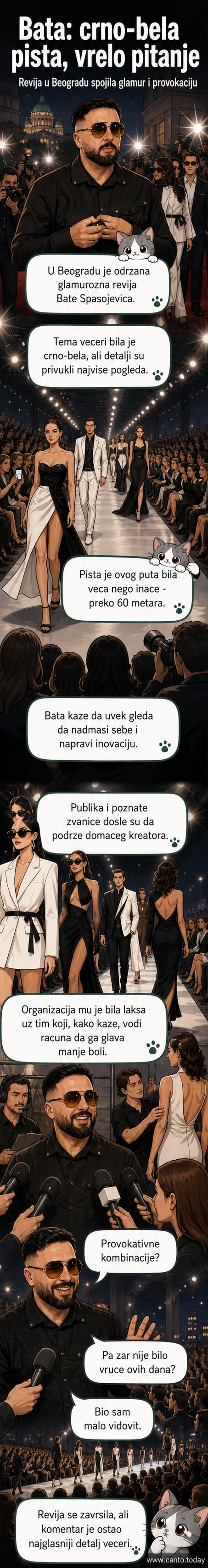 Модни показ уживо у Београду: модели се шетају дугом пистом у црно-белим и провокативним креацијама Бате Спасојевића, публика у позадини аплаудира.