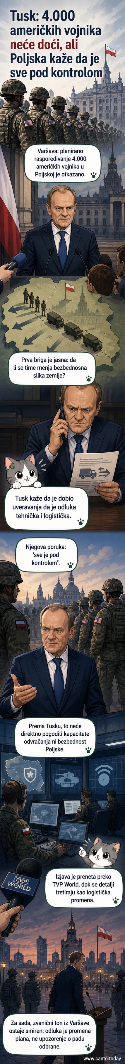 Илустровани приказ полског премијера Доналда Туска у кабинету, са мапом Европе у позадини, док говори о одлуци САД да не распореди 4.000 војника у Полjsкој.