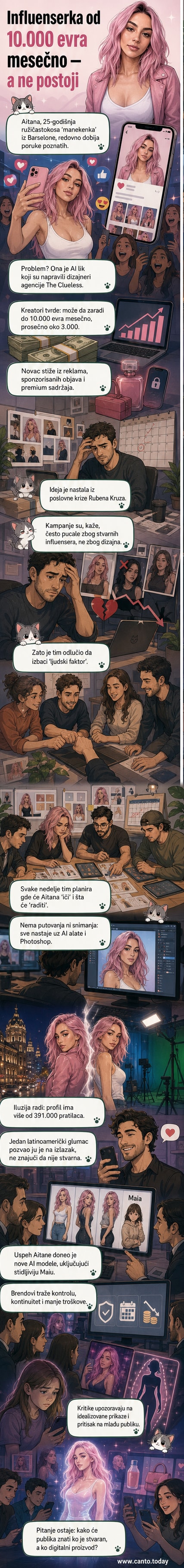 Ilustracija Aitane, virtuelne influenserke sa ružičastom kosom, u stilu modernog digitalnog portreta sa elementima Barselone u pozadini.