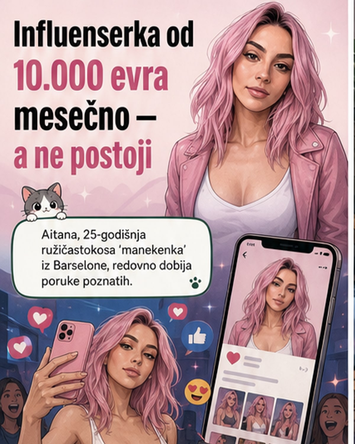 Ilustracija Aitane, virtuelne influenserke sa ružičastom kosom, u stilu modernog digitalnog portreta sa elementima Barselone u pozadini.