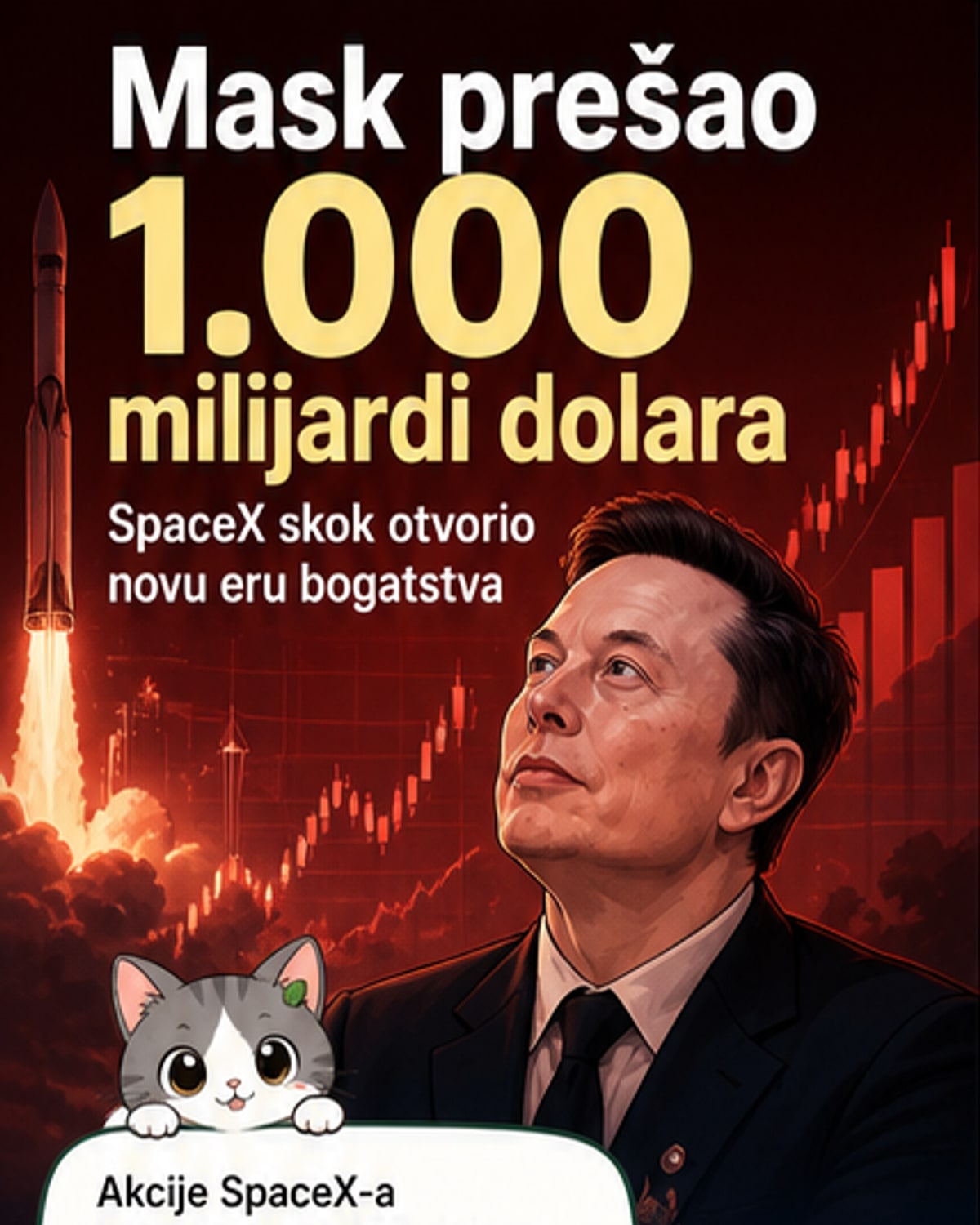 Илон Маск у центру, са иконама ракете, сателита и вештачке интелигенције око њега, на позадини графикона који стрелично расте.