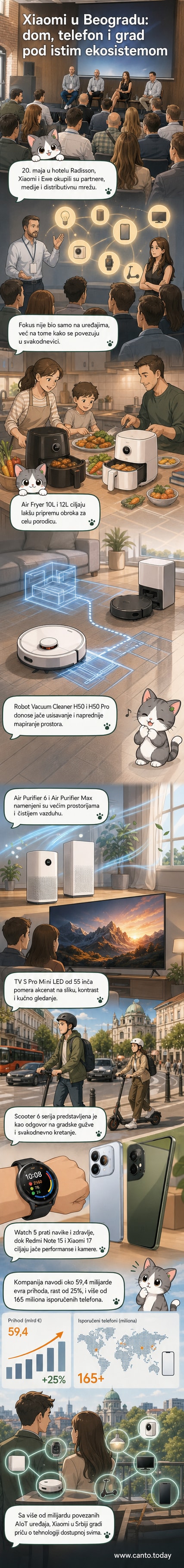 Xiaomi logo i slike novih pametnih uređaja: trotinet, robot čistač, frižider bez ulja, televizor i pametni sat, prikazani na pozadini hotela Radisson u Beogradu.