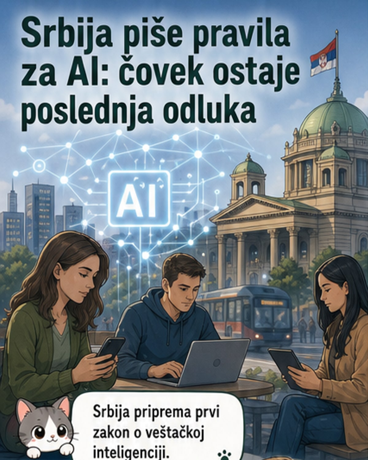 Илустрација роботске руке која држи законски документ са српском заставом и симболом вештачке интелигенције у позадини.