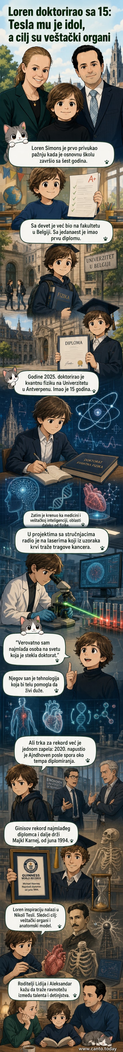 Илустрација Лорена Симонса, младог научника са дипломом, у лабораторији са ласерским апаратима и цитатом Николе Тесле на зиду.