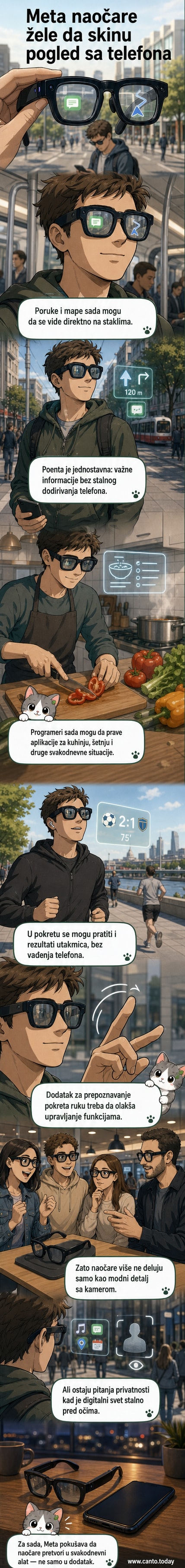 Женски корисник носи Мета паметне наочаре, гледа у даљину док су дигитални елементи приказани на стаклима — мапа, порука и иконица апликације.