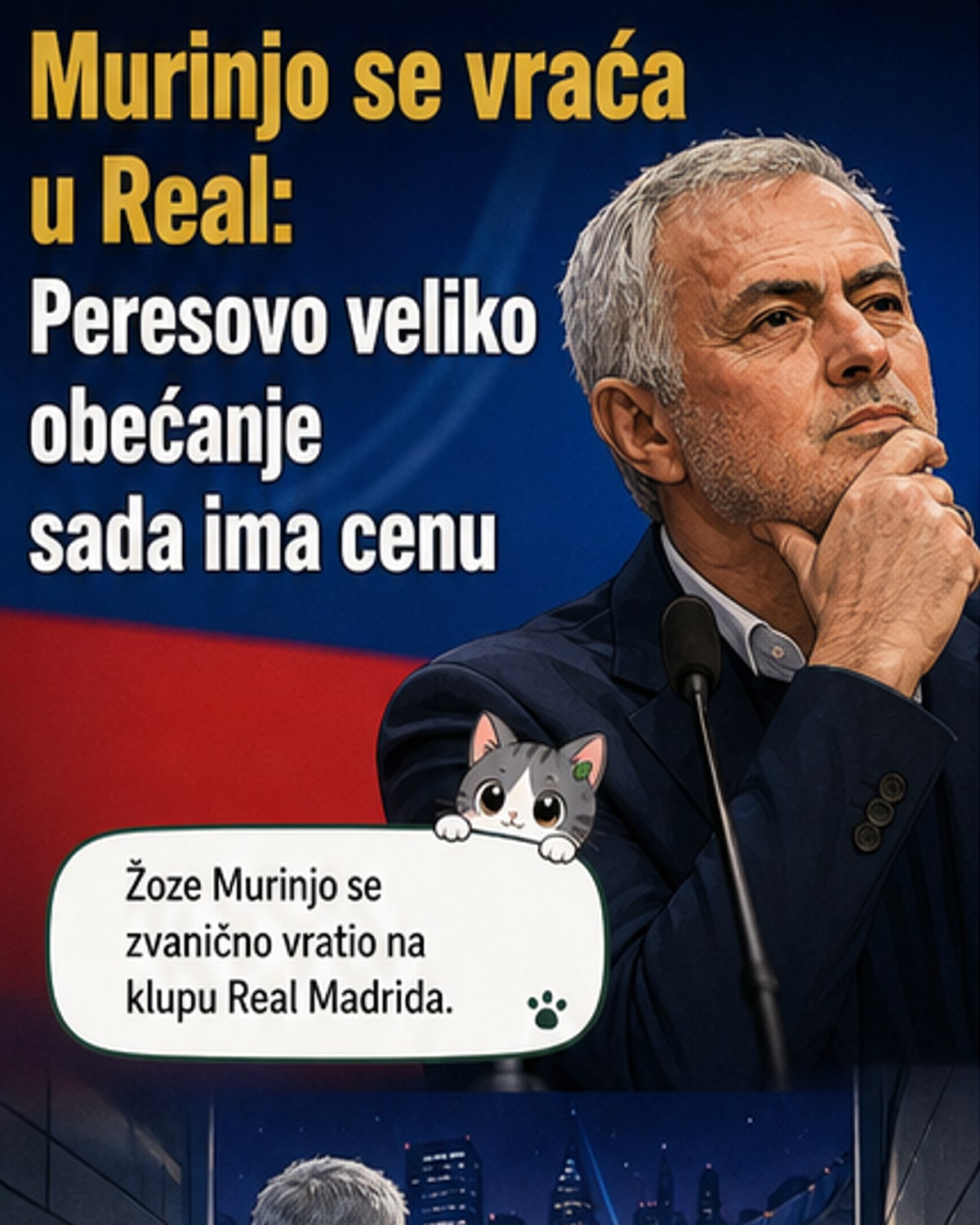 Жозе Мурињо у тренерској клупи Реал Мадрида, са фудбалском лоптом и клубским бечвом у позадини