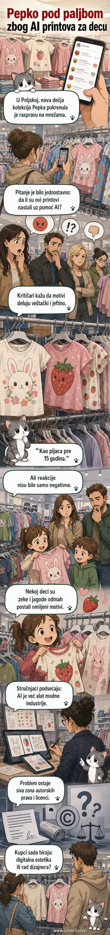 Илустрација деце ношења Пепко мајица са шареним AI мотивима као што су зечеви и јагоде, у контексту модне расправе.
