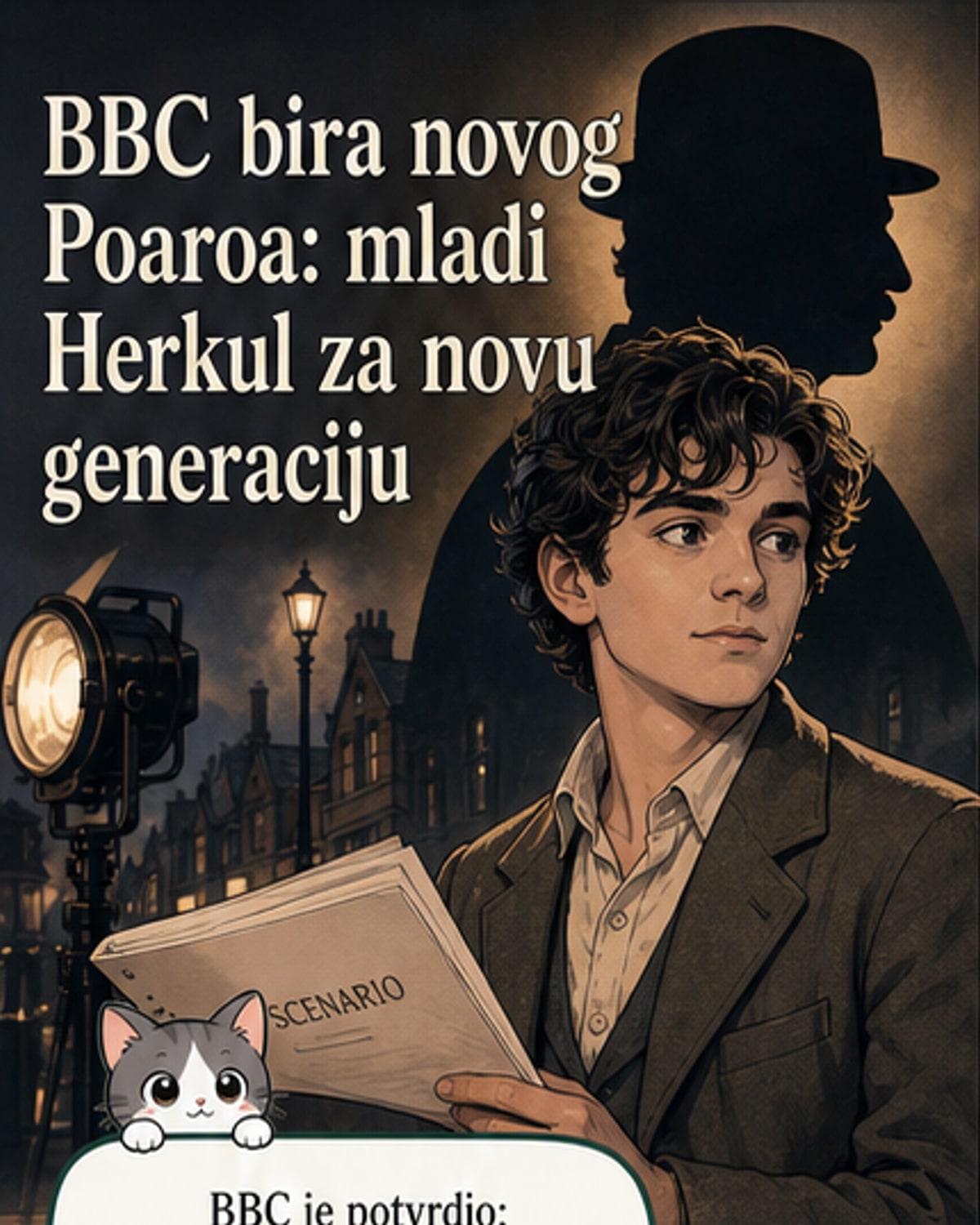 Ilustrovani prikaz mlađeg Herkula Poaroa u civilnom odelu, sa karakterističnim brkovima, na pozadini gradske zgrade u stilu 1920-ih.