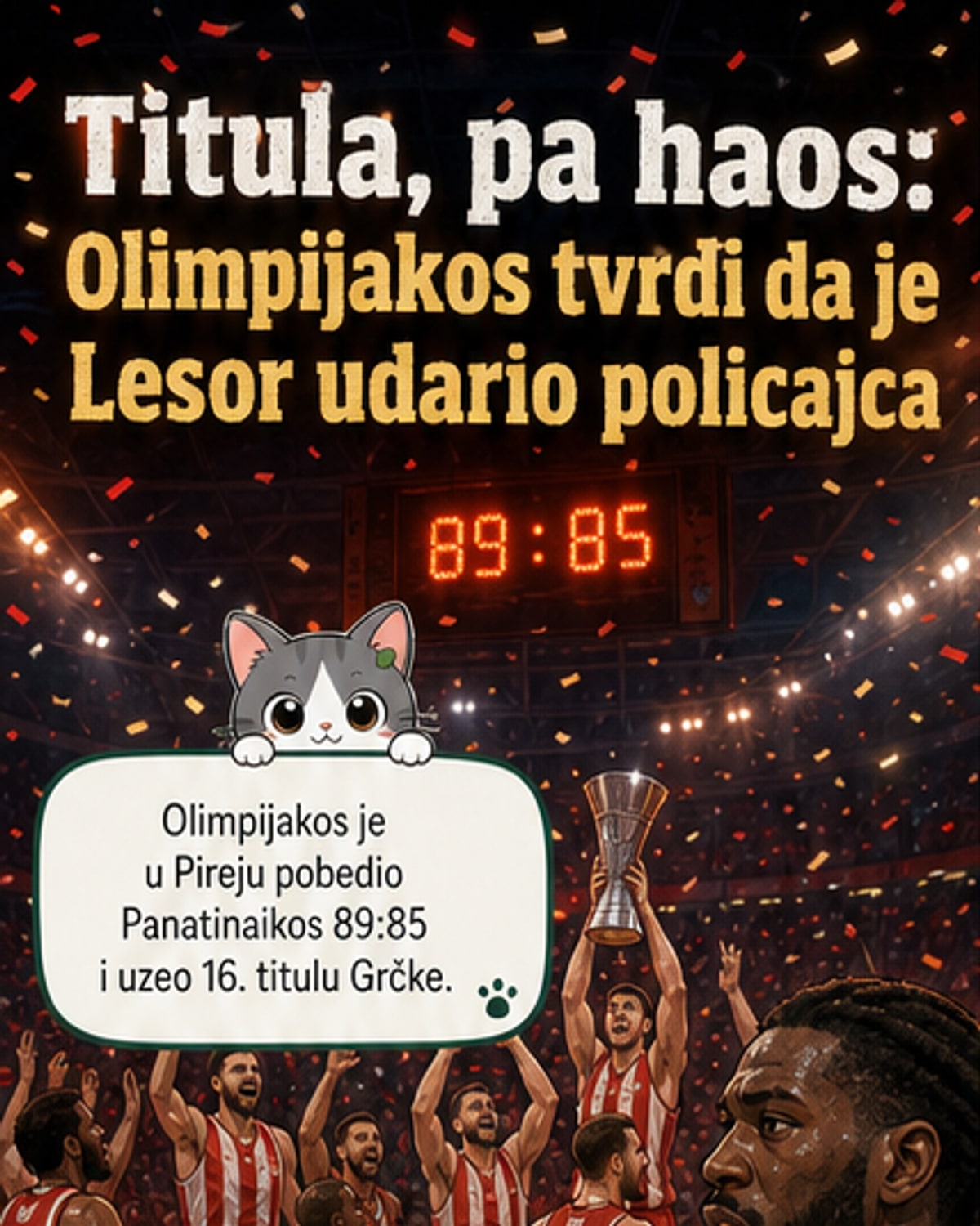 Košarkaši u sukobu na terenu, policija prisutna u pozadini, haotična scena posle finala.