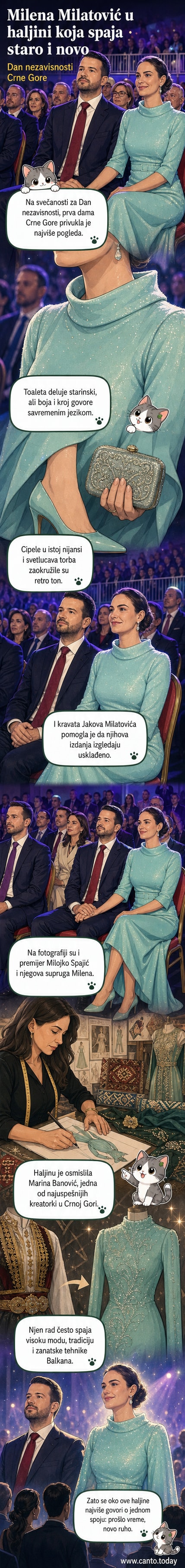Prva dama Crne Gore Milena Milatović u dugačkoj mint haljini sa svetlucavim detaljima, tokom svečanosti Dana nezavisnosti, pored supruga predsednika Jakova Milatovića.