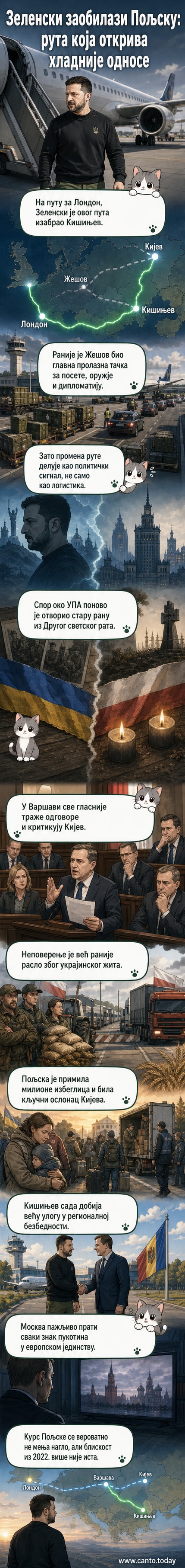 Карта Европе са црвеном линијом која приказује нову руту лета Зеленског преко Молдавије, док је Пољска заобиђена. Испод, симболички расцеп између Кијева и Варшаве.