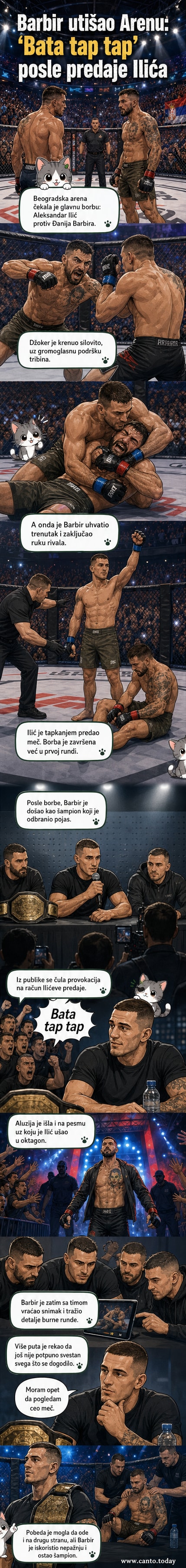 Борбени спортсмен у октагону дижући руке након победе, док је противник клечи у позадини, а публика у Београдској арени гледа у тишини.