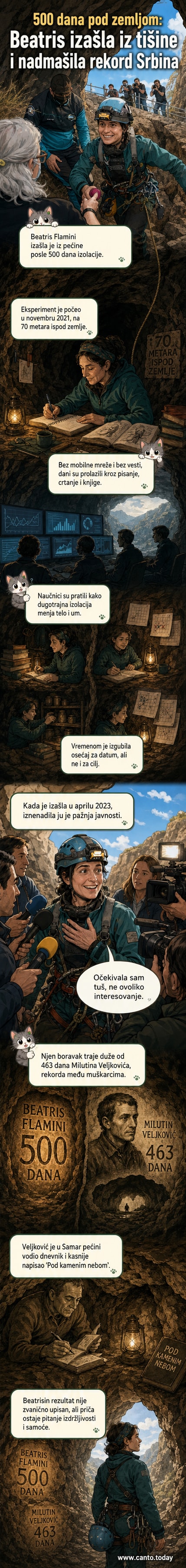 Žena u pećini sa torbom i beleškama, okružena stenama, sa slabim svetlom koje pada sa jedne strane.