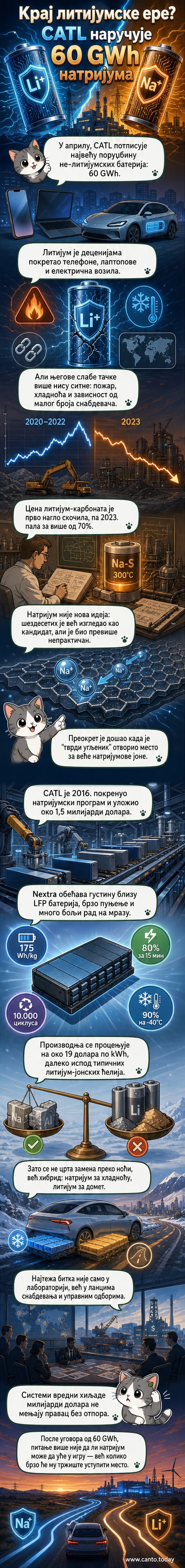Илустрација која упоредује литијум-јонску и натријум-јонску батерију, са CATL-овом Nextra технологијом и подацима о капацитету, цени и отпорности на хладноћу.