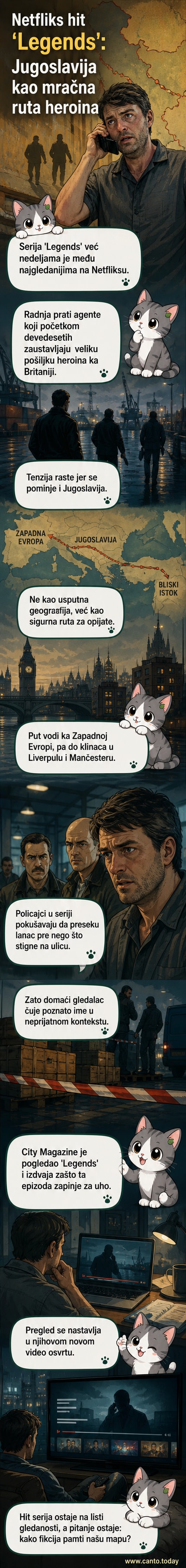 Постер британске серије Legends са приказом агенте у акцији, у позадини мапа Европе са означеном трговачком рутом преко бивше Југославије.