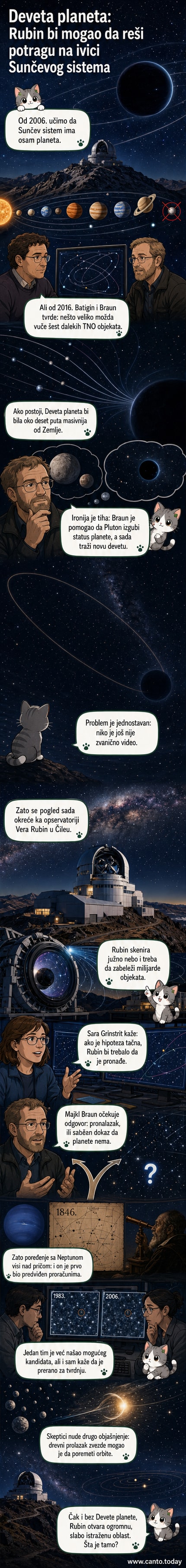 Илустрација хипотетичке девете планете у даљинама Сунчевог система, са малим леденим телима која круже у позадини, док се Сунце види као тачка светлости.
