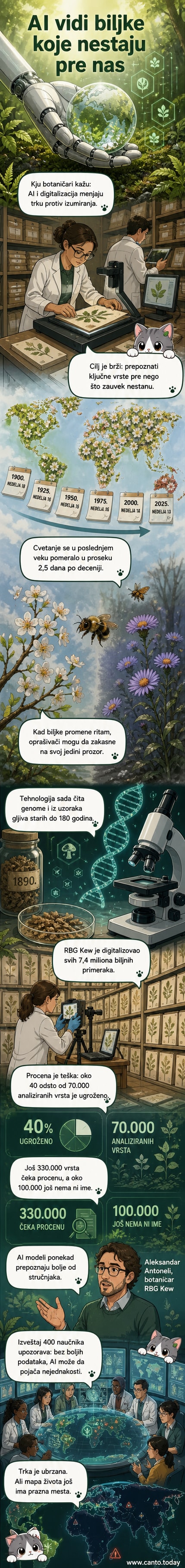 Ilustracija veštačke inteligencije koja analizira biljke i gljive na pozadini klimatskih promena i digitalizacije uzoraka.