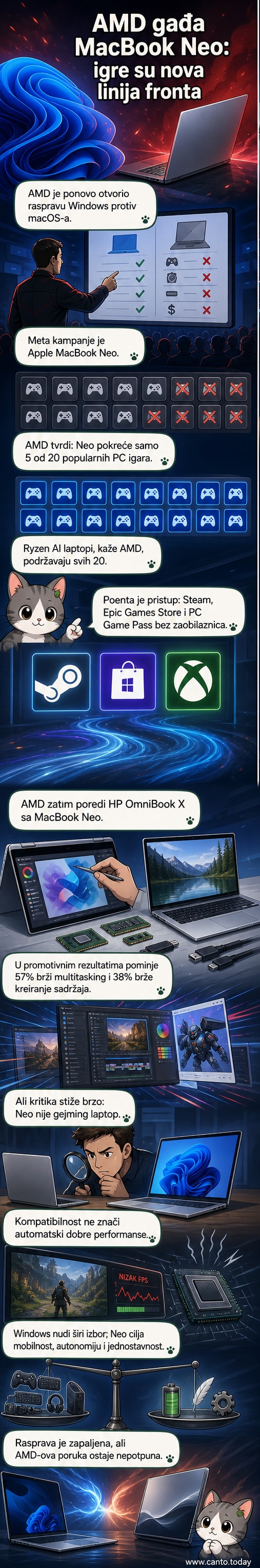 Ilustracija dva laptopa naspram sebe: s jedne strane MacBook sa Apple logotipom, s druge strane Windows uređaj sa AMD Ryzen natpisom, iznad njih natpis 'Windows vs macOS: borba za performanse i slobodu'.
