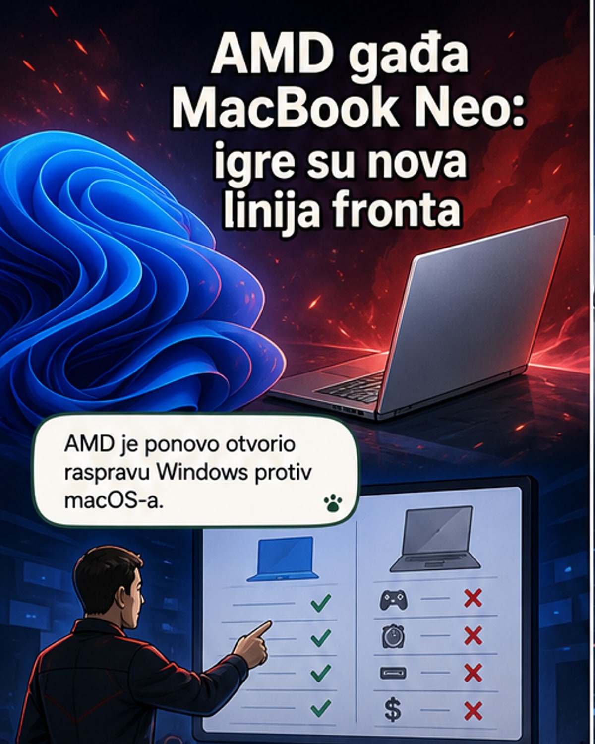 Ilustracija dva laptopa naspram sebe: s jedne strane MacBook sa Apple logotipom, s druge strane Windows uređaj sa AMD Ryzen natpisom, iznad njih natpis 'Windows vs macOS: borba za performanse i slobodu'.