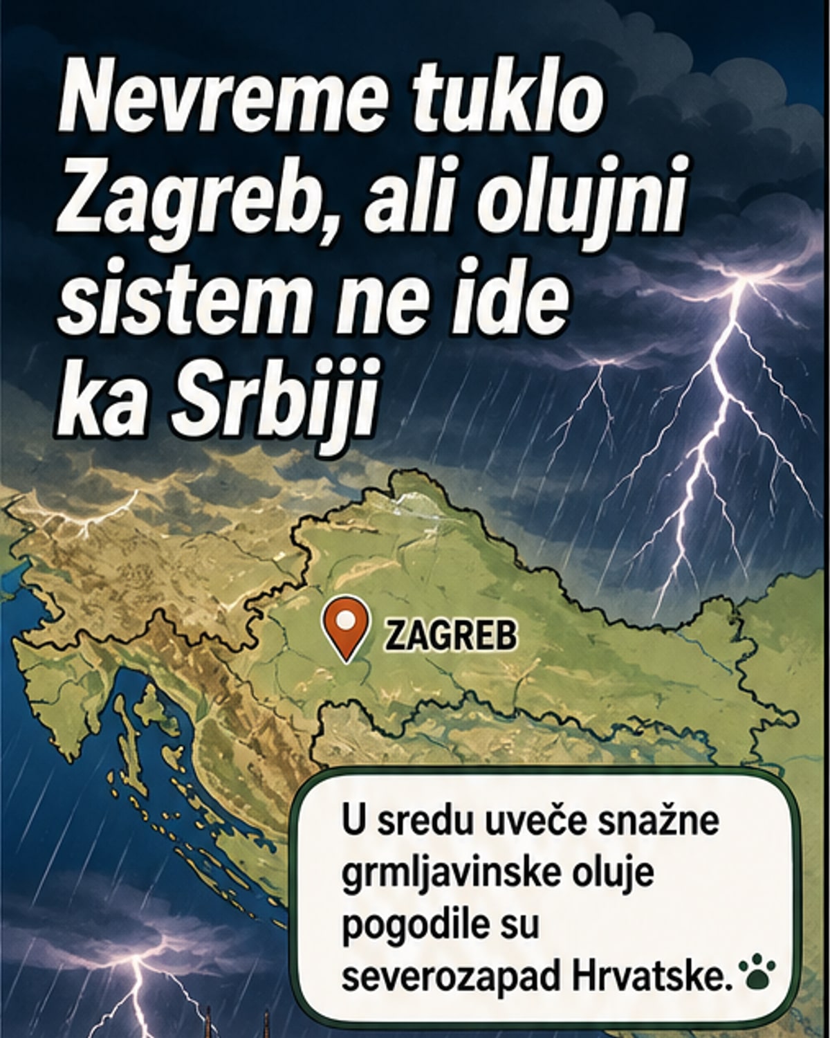 Satelitska slika grmljavinskih oluja koje se kreću preko Hrvatske ka Slavoniji i Bosni, sa Zagrebom u centru nevremena.