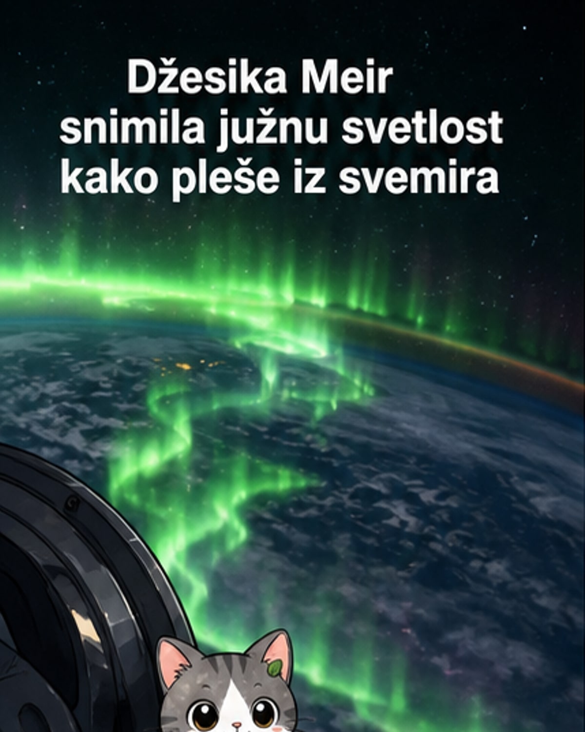 Snimak iz svemira prikazuje zelene i ljubičaste svetlosne talase južne polarne svetlosti iznad Antarktika, sa Zemljinim horizontom i tamnim svemirom u pozadini.