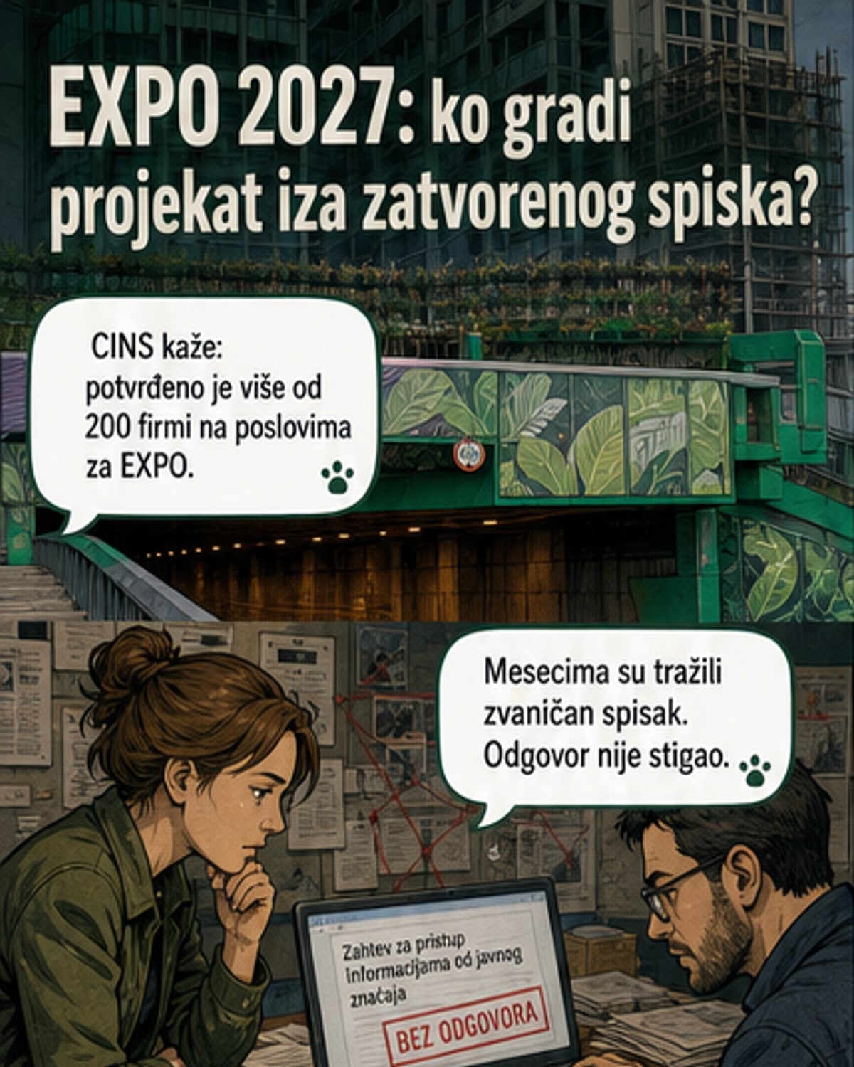 Ilustracija EXPO 2027 kompleksa sa senkama ljudi u pozadini koji predstavljaju kontroverzne poslovne veze i kriminalne figure.