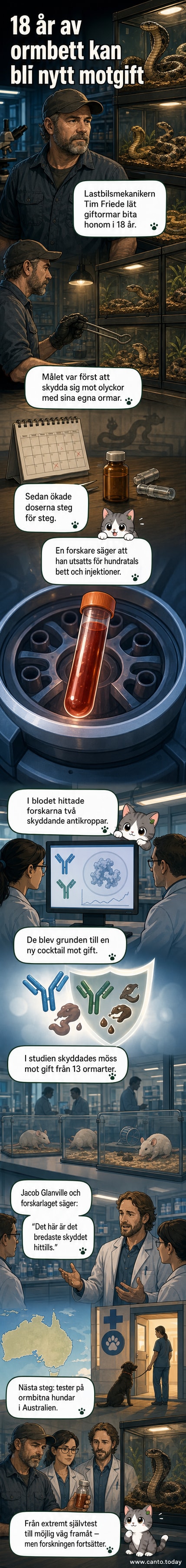 Man i labbmiljö håller en glasburk med en giftorm, medan forskare i bakgrunden analyserar blodprov.