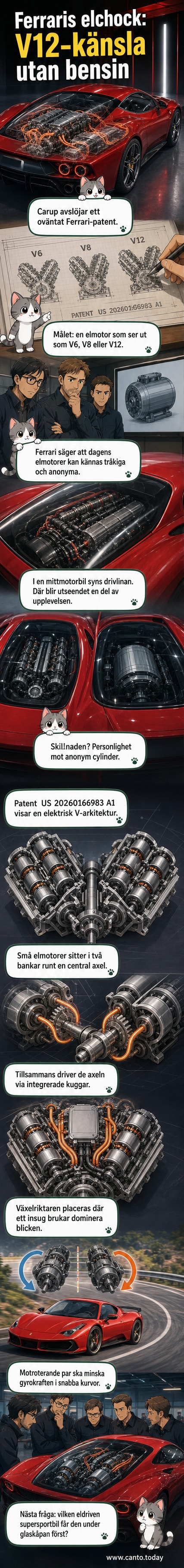 Illustration av en elektrisk V12-motor med V-formade cylinderbankar och central axel, inuti en glaskapslad sportbil.