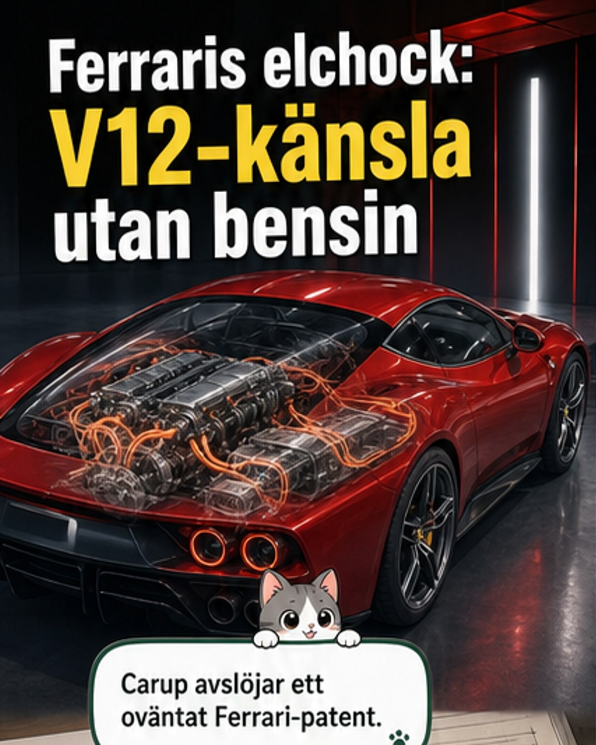 Illustration av en elektrisk V12-motor med V-formade cylinderbankar och central axel, inuti en glaskapslad sportbil.
