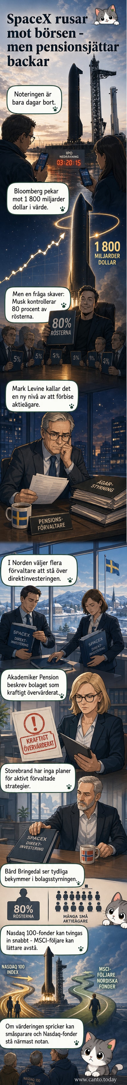 Illustration av en stor raket med SpaceX-logga som stiger mot himlen, med ett stort rött kryss ovanför från en norsk investerare i kostym.