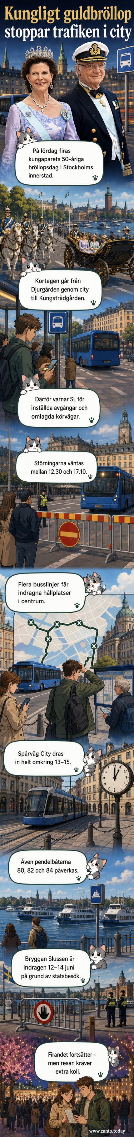 Kungaparets guldbröllop firas med kortege genom centrala Stockholm, medan bussar och spårvagnar ställs in.