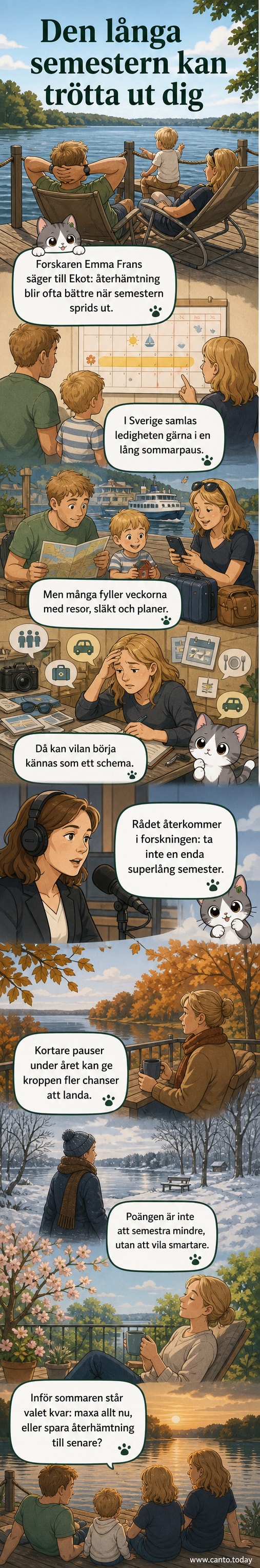 Illustration av en person som laddar energi genom att ta korta pauser under året istället för en lång semester.