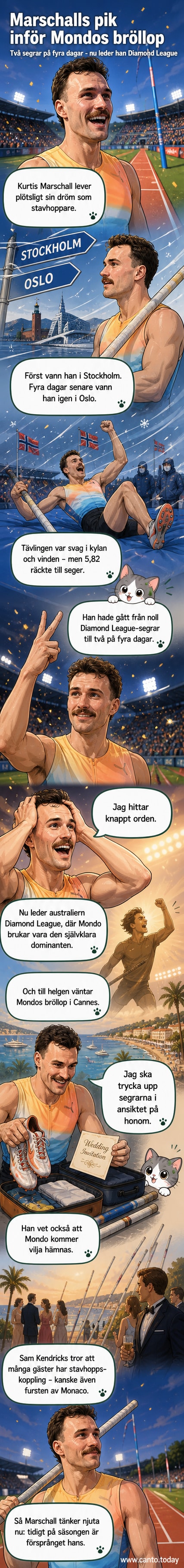 Stavhopparen Kurtis Marshall firar sin seger i Diamond League-tävlingen i Oslo, medan vinden blåser i banan.