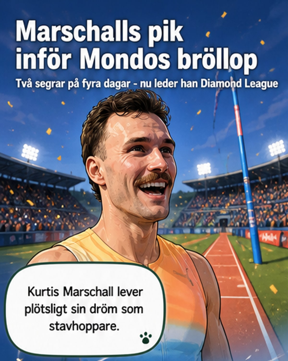 Stavhopparen Kurtis Marshall firar sin seger i Diamond League-tävlingen i Oslo, medan vinden blåser i banan.