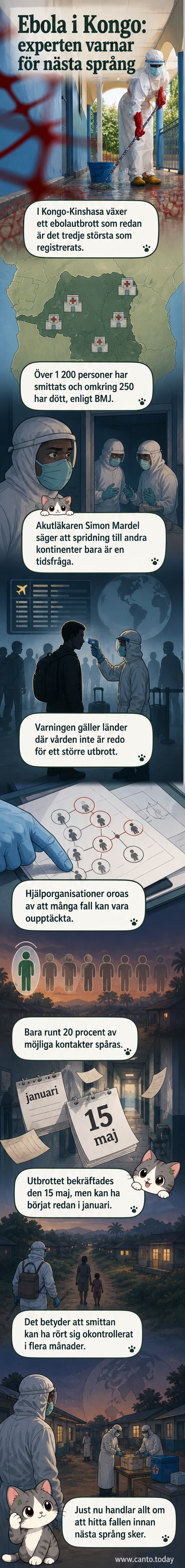 Illustration av ett karta över Kongo med ebola-relaterade symboler som sprider sig från centrum, med en läkare i skyggen som försöker stoppa smittan.