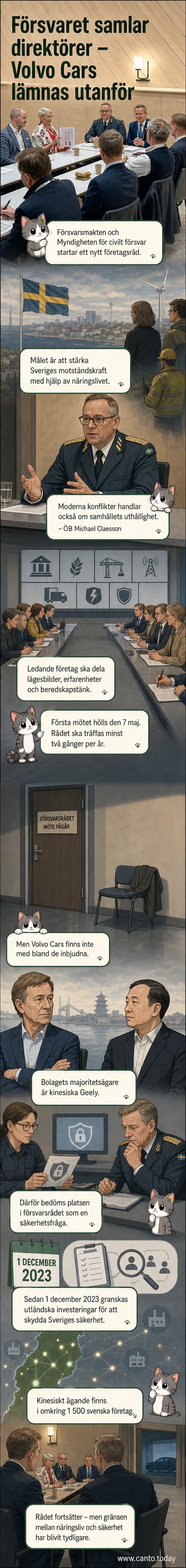 Illustration av ett avslutat möte där representanter från svenska företag samlas runt ett bord, medan en figur med Volvo-logga står ensam utanför dörren.