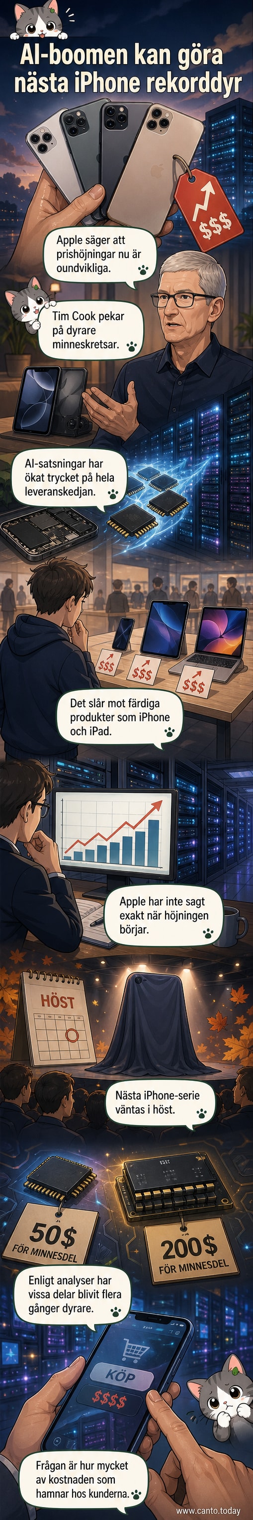 Illustration av en iPhone med en minneskrets i centrum, omgiven av AI-symboler och en uppåtvänd prisgraf.