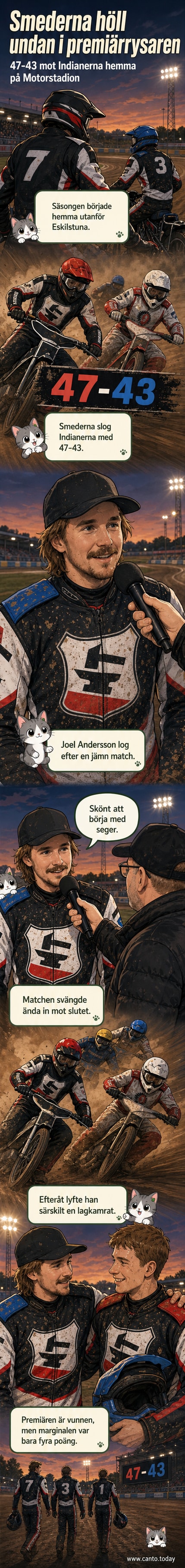 Joel Andersson från Smederna ler nöjt efter segern mot Indianerna på Motorstadion. En fotbollsliknande scen med spelare i röd och vit dräkt syns i bakgrunden.