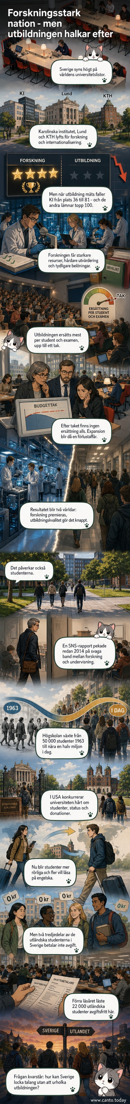 Illustration av två världar: en modern forskningslabbmiljö å ena sidan, en överfull klassrumssal med låg energi å den andra, med Sverige i bakgrunden.