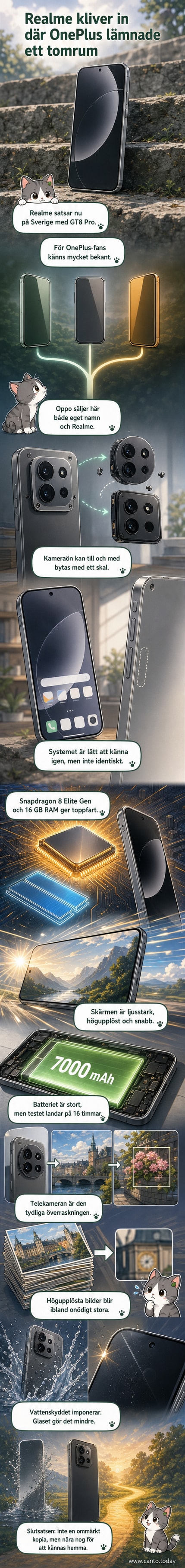 Realme GT8 Pro i handen, med närbild på den fyrkantiga kameraöver och OLED-skärmen i full ljusstyrka.