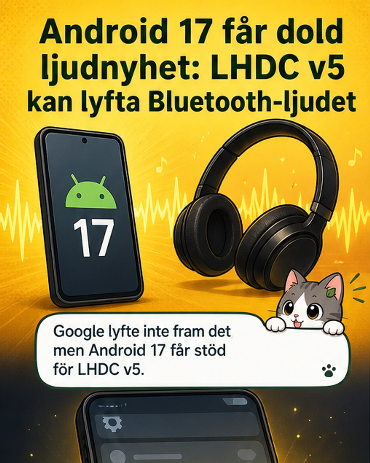 Illustration av en modern smartphone med vågformer och hörlurar, som visar trånlös överföring av högupplöst ljud via LHDC-kodeken i Android 17.