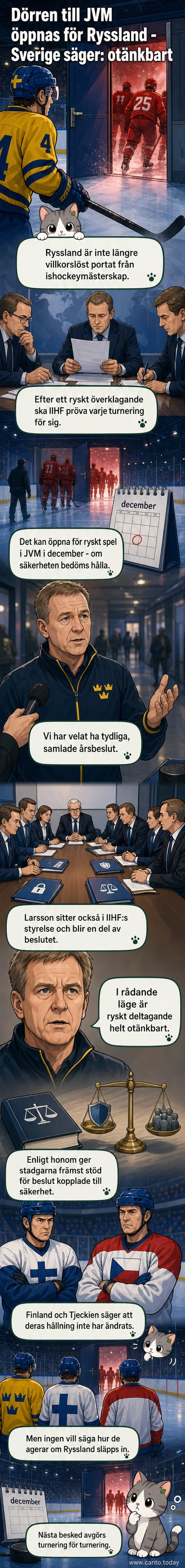 Illustration av en ishockeymatch med svenska och ryska fans på läktaren, med en stängd dörr i bakgrunden som börjar öppnas.