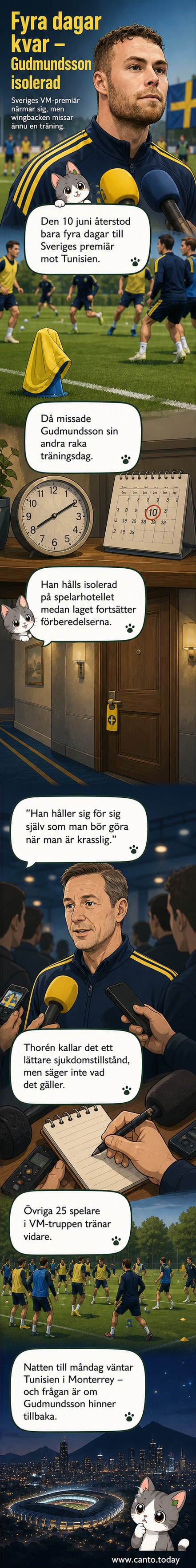 En tom plats på träningens mittlinje markerar Victor Gudmundssons frånvaro – han står isolerad i bakgrunden med handen över munnen.