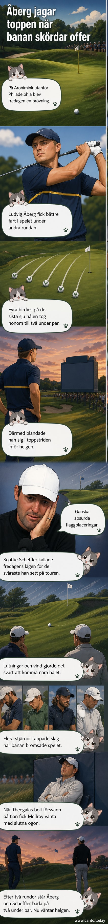 Ludvig Åberg på banan under PGA Championship med publik i bakgrunden och tävlingsflaggor synliga.