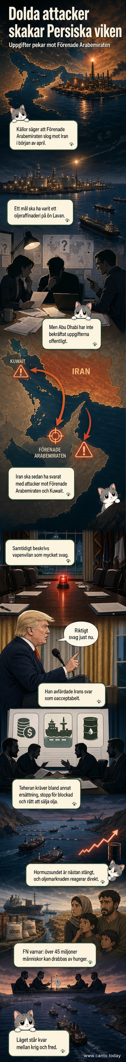 Illustration av oljeraffinaderi på ön Lavan i Persiska viken under attack, med rök och flammor mot en mörk himmel.